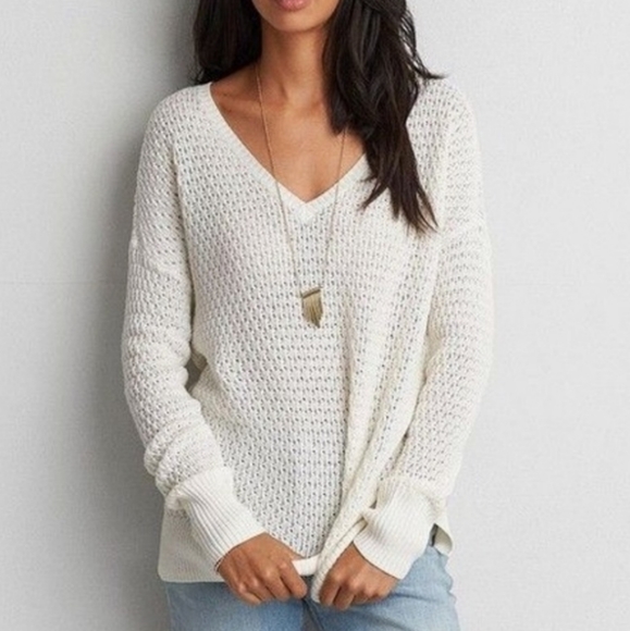 American Eagle Outfitters Dusty Mauve Pullover Sweater Side Slits V Neck Size M - Picture 1 of 10